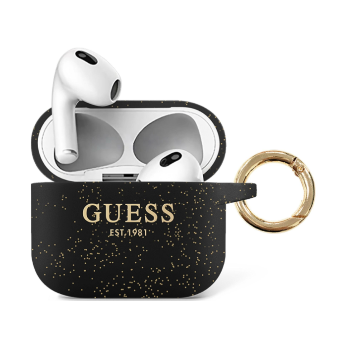 Silikónové puzdro Guess na Apple Airpods 3 GUA3SGGEK Glitter Printed Logo čierne