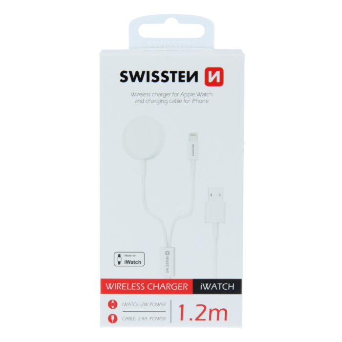 Nabíjačka pre Apple Watch + Kábel Opletený Swissten 2v1,Lightning 1,2m biely