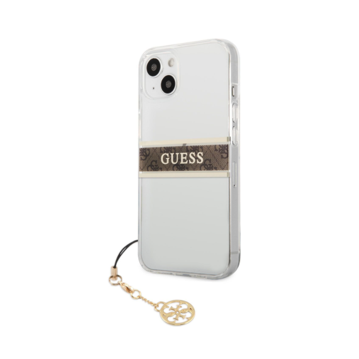 Plastové puzdro Guess na Apple iPhone 13 mini GUHCP13SKB4GBR 4G Brown Stripe transparentné