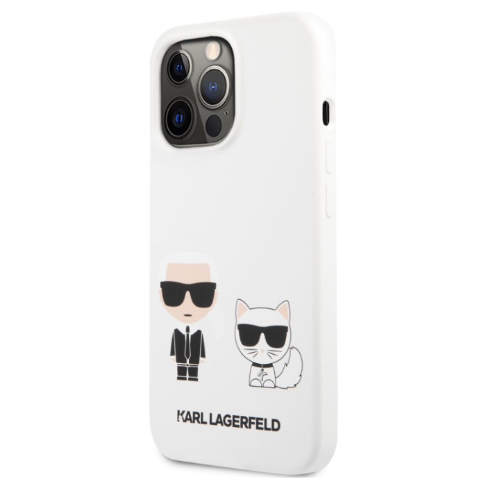 Silikónové puzdro Karl Lagerfeld na Apple iPhone 13 Pro KLHCP13LSSKCW Karl Lagerfeld and Choupette Liquid Silicone biele