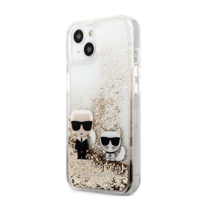 Plastové puzdro Karl Lagerfeld na Apple iPhone 13 mini KLHCP13SGKCD Liquid Glitter Karl and Choupette zlaté