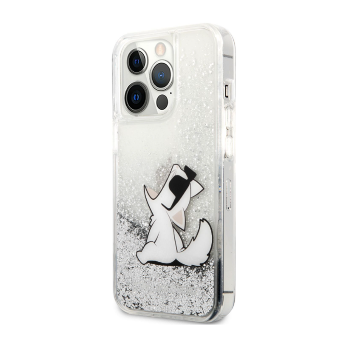Plastové puzdro Karl Lagerfeld na Apple iPhone 13 Pro Max KLHCP13XGCFS Liquid Glitter Choupette Eat strieborné