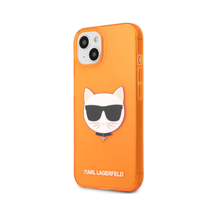 Silikónové puzdro Karl Lagerfeld na Apple iPhone 13 mini KLHCP13XCHTRP Choupette Head Fluo oranžové