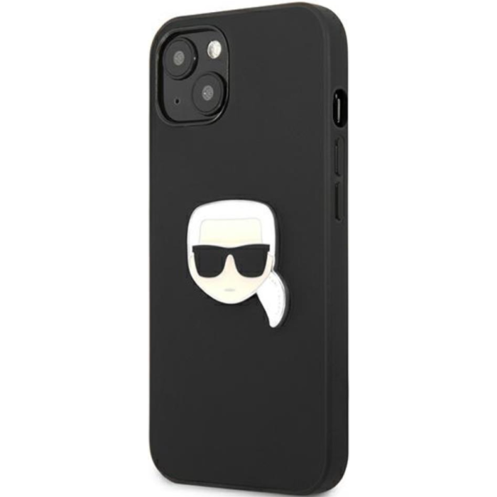 Plastové puzdro Karl Lagerfeld na Apple iPhone 13 Mini KLHCP13SPKMK Leather Ikonik Karl`s Head Metal čierne