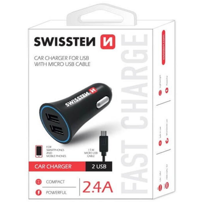 Autonabíjačka Swissten 2x USB 2.4 + microUSB kábel (bulk)