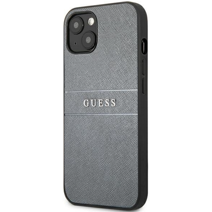 Plastové puzdro Guess na Apple iPhone 13 mini GUHCP13SPSASBGR Saffiano Strap sivé