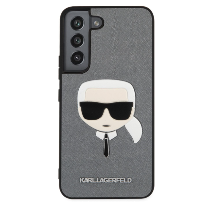 Plastové puzdro Karl Lagerfeld na Samsung Galaxy S22 KLHCS22SSAKHSL Saffiano Karl Head strieborné 