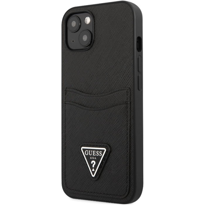Plastové puzdro Guess na Apple iPhone 13 GUHCP13MPSATPK Saffiano Double Card čierne