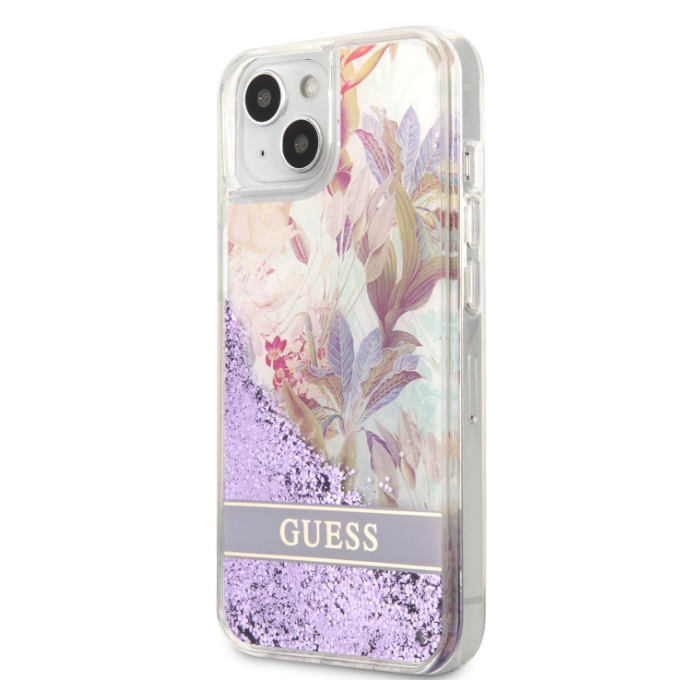 Plastové puzdro Guess na Apple iPhone 13 GUHCP13MLFLSU Liquid Glitter Flower fialové