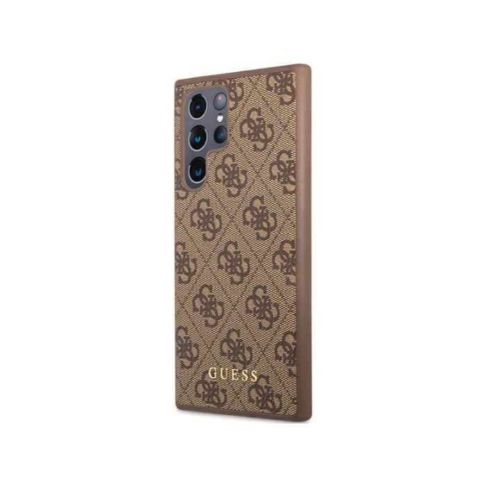 Plastové puzdro Guess na Samsung Galaxy S22 Ultra 5G S908 GUHCS22LG4GFBR 4G Metal Gold Logo hnedé