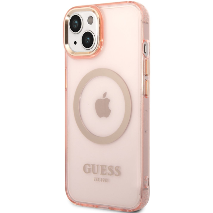 Plastové puzdro Guess na Apple iPhone 14 GUHMP14SHTCMP Translucent MagSafe ružové