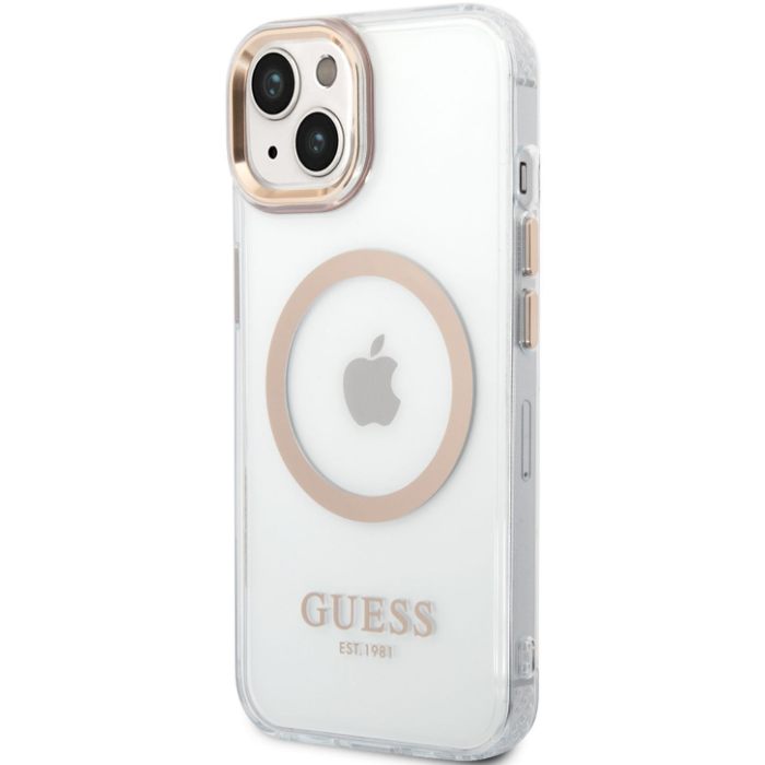 Plastové puzdro Guess na Apple iPhone 14 GUHMP14SHTRMD Transparent MagSafe zlaté