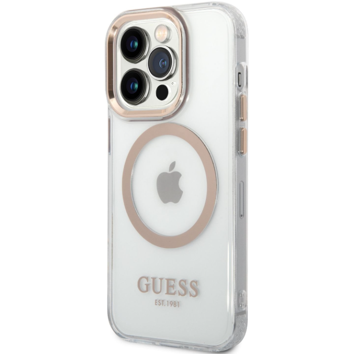 Plastové puzdro Guess na Apple iPhone 14 Pro Max GUHMP14XHTRMD Transparent MagSafe zlaté