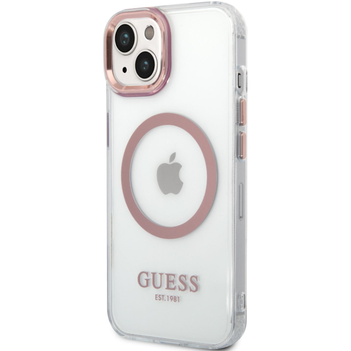 Plastové puzdro Guess na Apple iPhone 14 Pro Max GUHMP14XHTRMP Transparent MagSafe ružové