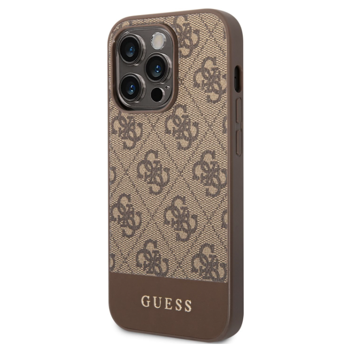 Plastové puzdro Guess na Apple iPhone 14 Pro GUHCP14LG4GLBR 4G Stripe hnedé
