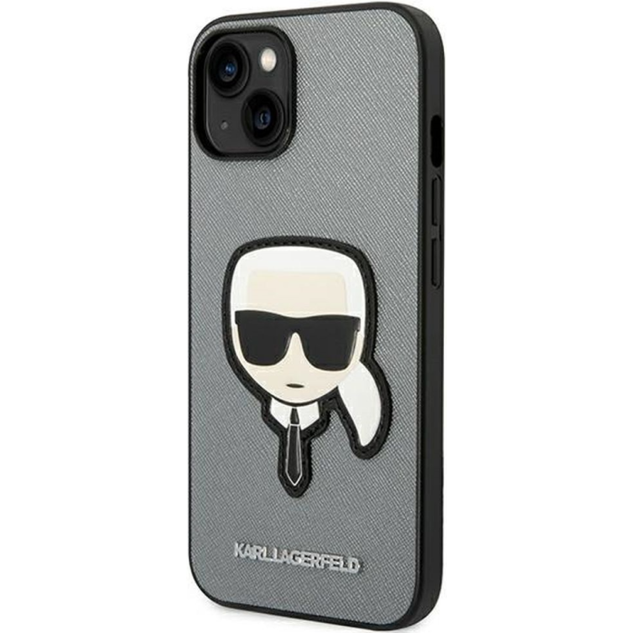 Plastové puzdro Karl Lagerfeld na Apple iPhone 14 KLHCP14SSAPKHG Saffiano With Karl Head Patch strieborné