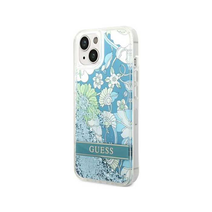 Plastové puzdro Guess na Apple iPhone 14 Plus GUHCP14MLFLSN Flower Liquid Glitter zelené