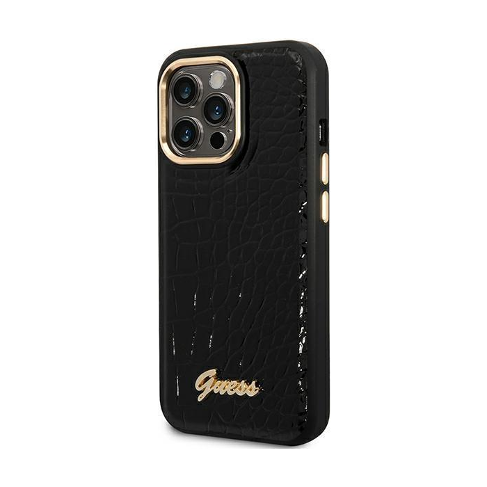 Plastové puzdro Guess na Apple iPhone 14 Pro Max GUHCP14XHGCRHK Croco Metal Outline čierne