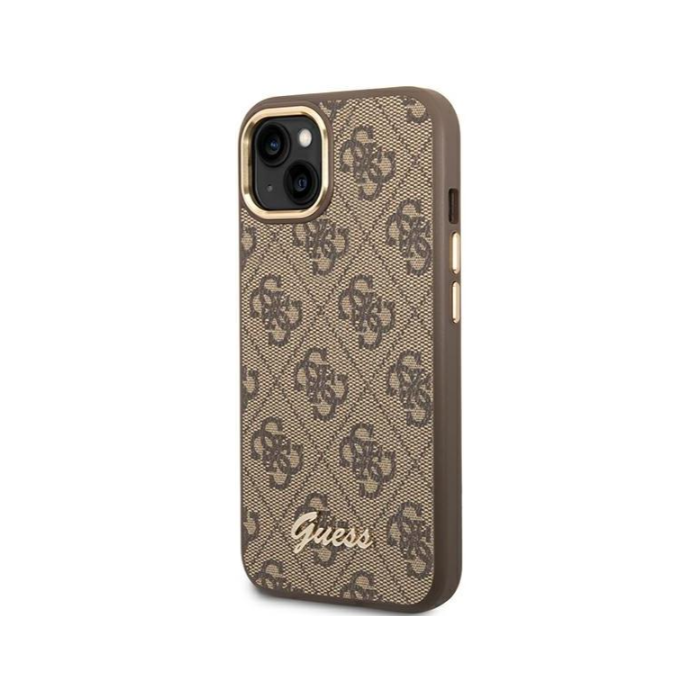 Plastové puzdro Guess na Apple iPhone 14 Plus GUHCP14MHG4SHW PU Metal Outline Script hnedé