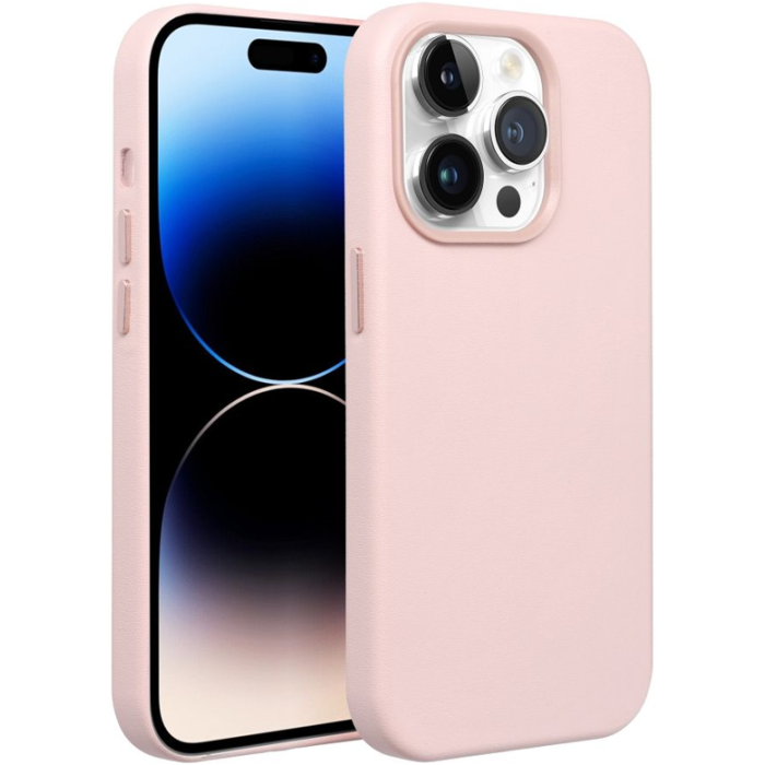 Plastové puzdro na Apple iPhone 14 Leather Mag ružové