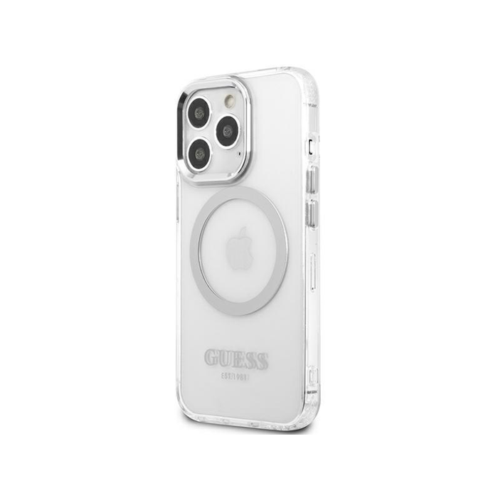 Plastové puzdro Guess na Apple iPhone 13 Pro Max GUHMP13XHTRMS Metal Outline Magsafe strieborné