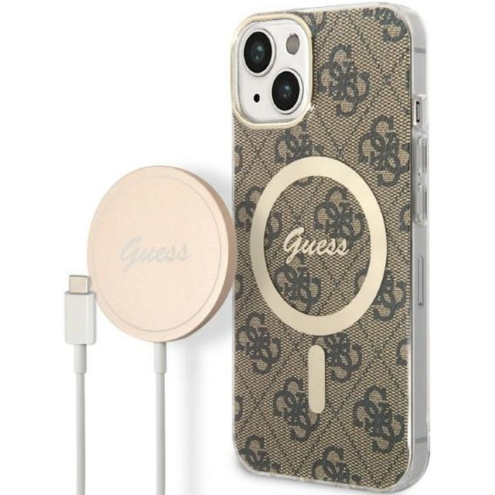 Set plastové puzdro a nabíjačka Guess na Apple iPhone 14 GUBPP14SH4EACSW Magsafe 4G zlato-hnedá