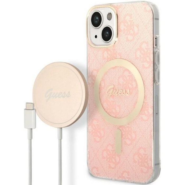 Set plastové puzdro a nabíjačka Guess na Apple iPhone 14 GUBPP14SH4EACSP Magsafe 4G zlato-ružová