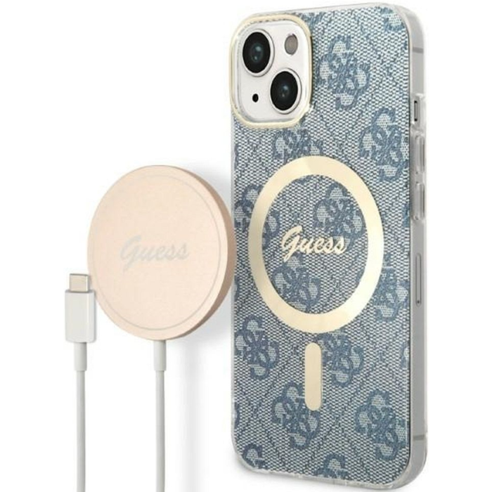 Set plastové puzdro a nabíjačka Guess na Apple iPhone 14 Plus GUBPP14MH4EACSB Magsafe 4G zlato-modrá
