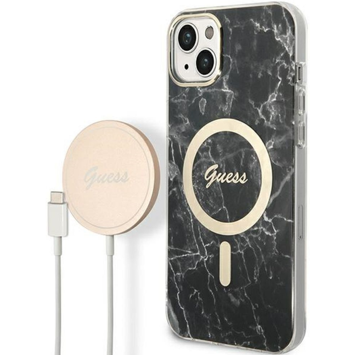Set plastové puzdro a nabíjačka Guess na Apple iPhone 14 GUBPP14SHMEACSK Magsafe IMG Marble zlato-čierne