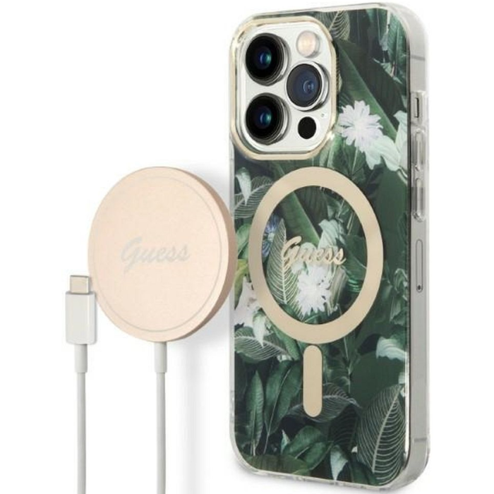 Set plastové puzdro a nabíjačka Guess na Apple iPhone 14 Pro GUBPP14LHJEACSA Magsafe IMG Jungle zlato-zelené