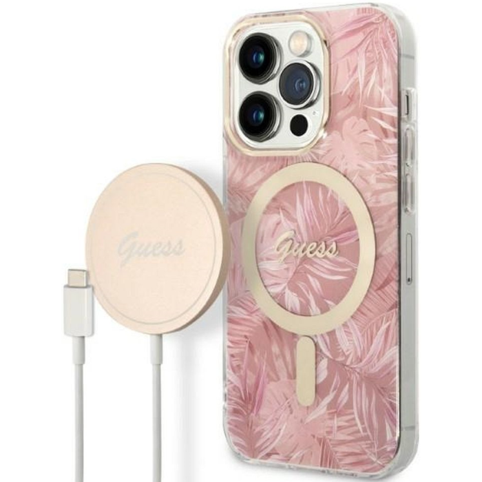 Set plastové puzdro a nabíjačka Guess na Apple iPhone 14 Pro Max GUBPP14XHJEACSP Magsafe IMG Jungle zlato-ružové