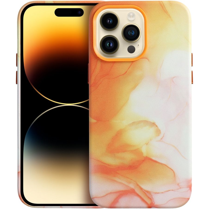 Plastové puzdro na Apple iPhone 13 Leather Mag PU Splash oranžové