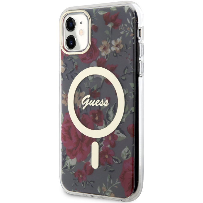 Plastové puzdro Guess na Apple iPhone 11 GUHMN61HCFWSA Flowers IML MagSafe Kaki