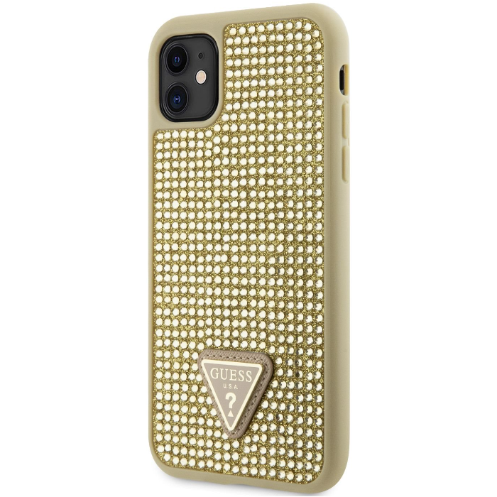 Plastové puzdro Guess na Apple iPhone 11 GUHCN61HDGTPD Rhinestones Triangle Metal Logo zlaté