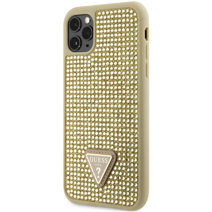 Plastové puzdro Guess na Apple iPhone 11 Pro GUHCN58HDGTPD Rhinestones Triangle Metal Logo zlaté