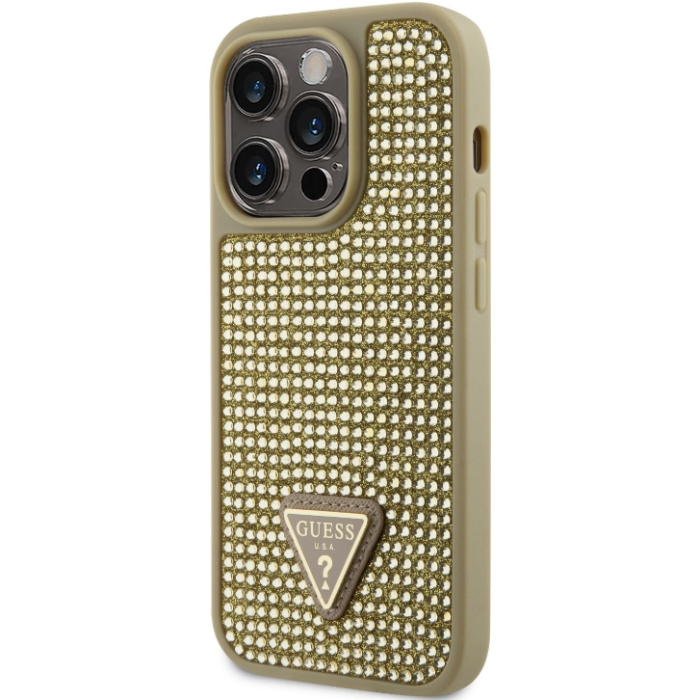 Plastové puzdro Guess na Apple iPhone 14 Pro Max GUHCP14XHDGTPD Rhinestones Triangle Metal Logo zlaté