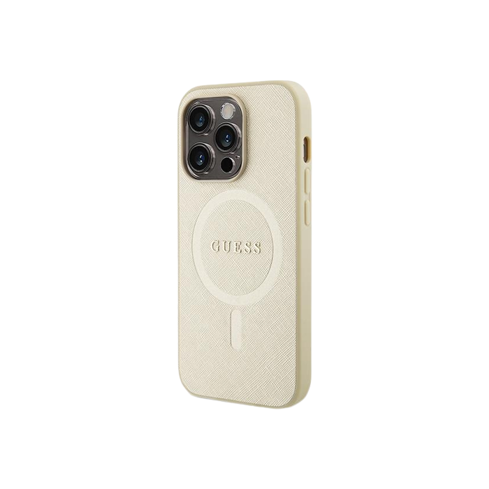 Plastové puzdro Guess na Apple iPhone 15 Pro Max GUHMP15XPSAHMCB Saffiano MagSafe béžové