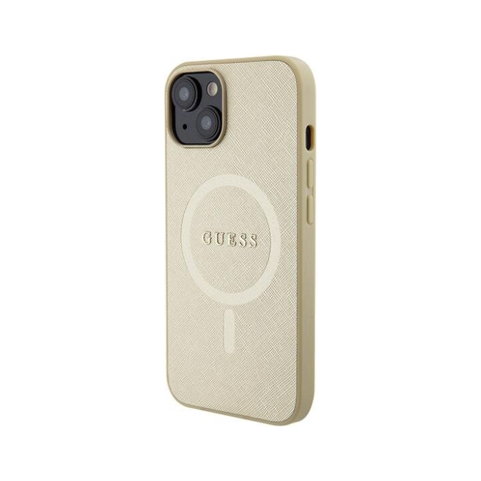 Plastové puzdro Guess na Apple iPhone 15 Plus GUHMP15MPSAHMCB Saffiano MagSafe béžové