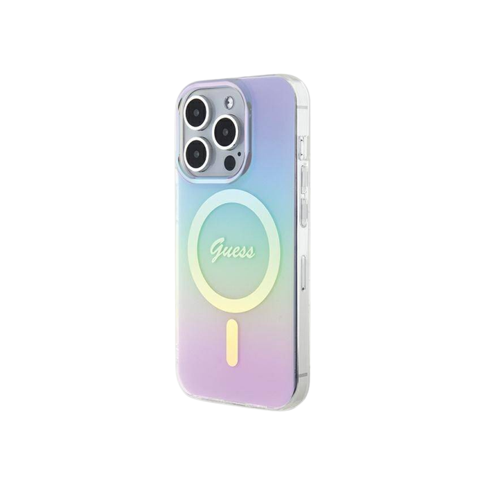 Plastové puzdro Guess na Apple iPhone 15 Pro GUHMP15LHITSU IML Iridescent MagSafe fialové