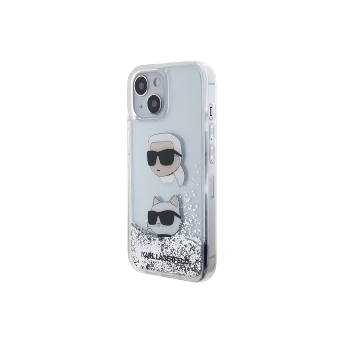 Plastové puzdro Karl Lagerfeld na Apple iPhone 15 KLHCP15SLDHKCNS Liquid Glitter Karl and Choupette Head strieborné