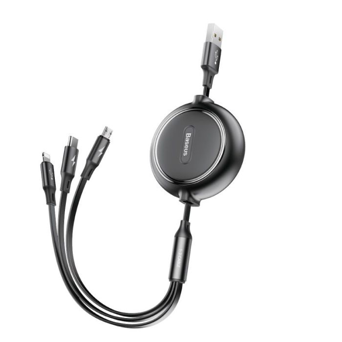 Kábel navíjací Baseus 3v1 Golden Loop USB-A/Micro USB/Lightning (8pin)/USB-C 1,2m 3,5A - čierny