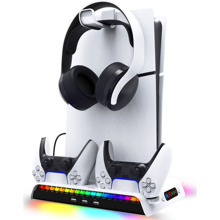 iPega P5S006 RGB, multifunkčný nabíjací stojan s chladením, PS5 Slim, biely
