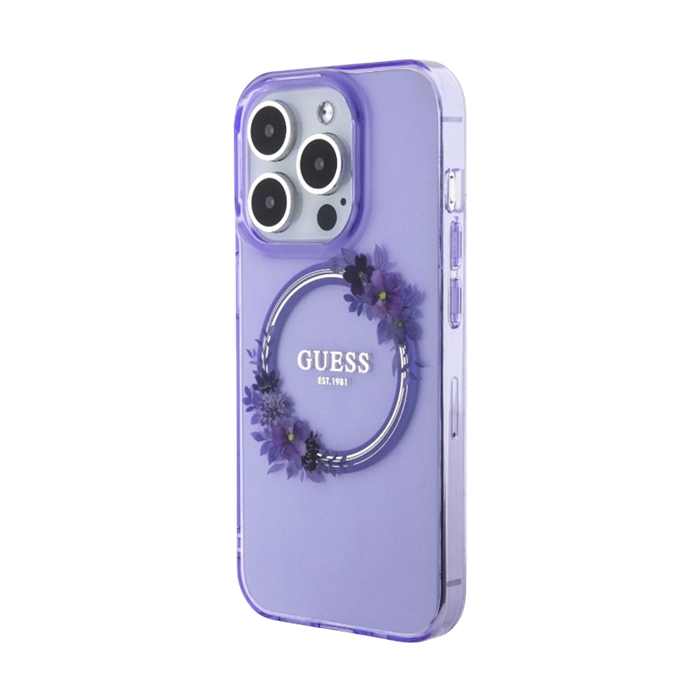 Plastové puzdro Guess na Apple iPhone 15 Pro GUHMP15LHFWFCU Flowers Ring Glossy Logo MagSafe fialové