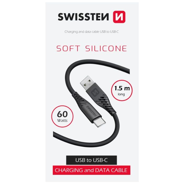 SWISSTEN SOFT SILICONE, USB-A na USB-C, 1.5m, 60W, čierrny