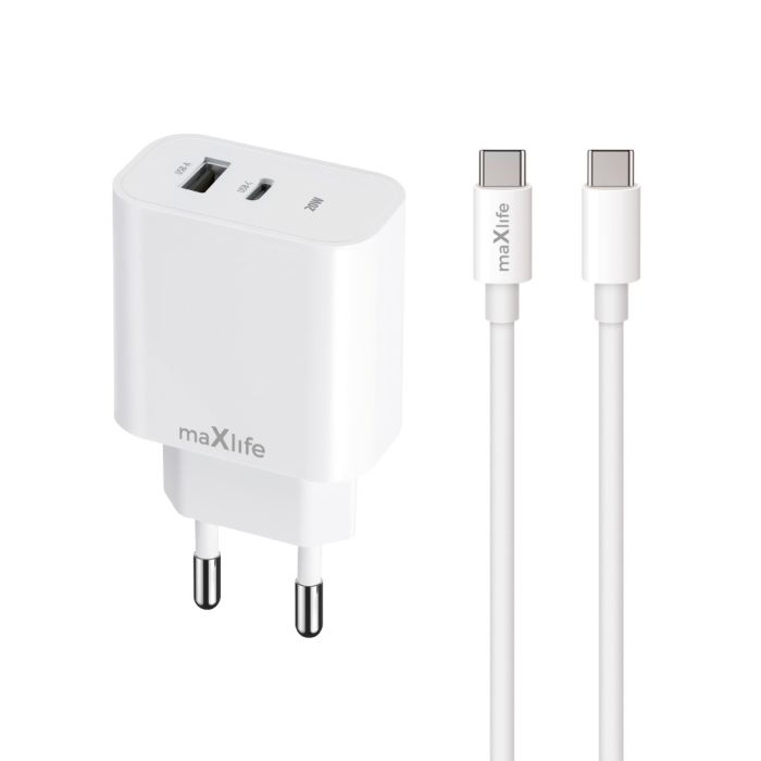 Maxlife MXTC-06 PD QC charger 1x USB-C 1x USB 20W white  Plus USB-C - USB-C cable 20W