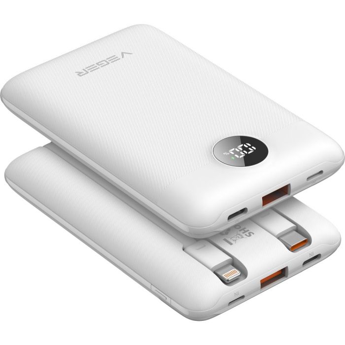 VEGER powerbank 10000 mAh Vstavané káble (USB-C/Lightning 8 Pin) PD QC3.0 2A 22,5W C11C (W1170) - biely