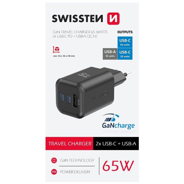 SWISSTEN GaN Travel Charger 2xUSB-C 65W PD + 1xUSB-A 30W QC čierna