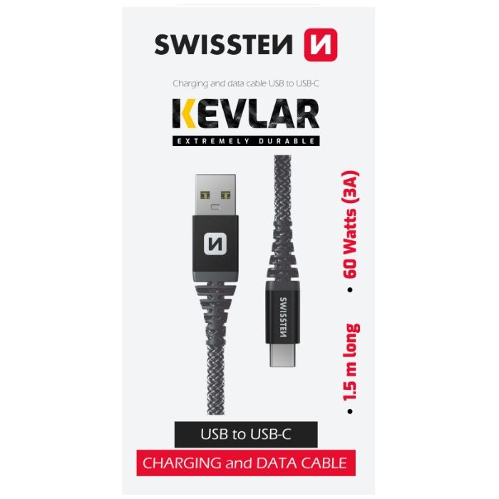 SWISSTEN KEVLAR USB-A/USB-C 3A 60W 1,5m antracit