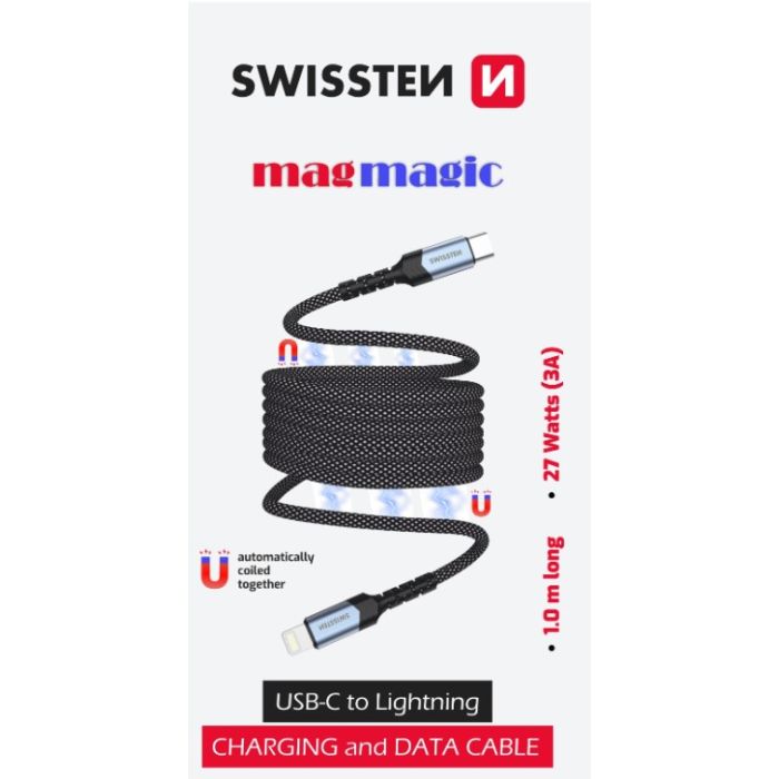 SWISSTEN magmagic Magnetický dátový kábel samonavíjací USB-C/LIGHTNING 3A 27W 1m