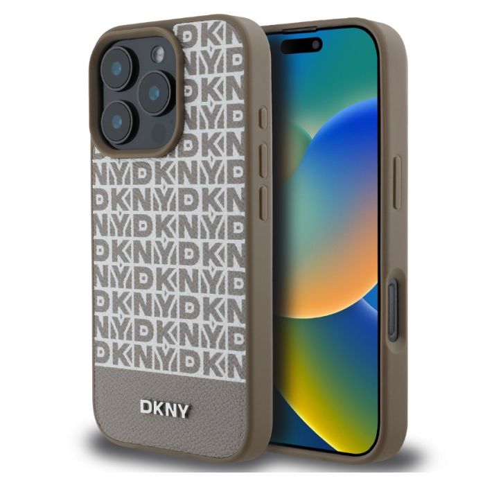Obal DKNY PU Leather Repeat Pattern Bottom Stripe MagSafe Apple iPhone 16 Pro Max DKHMP16XPSOSPW hnedý